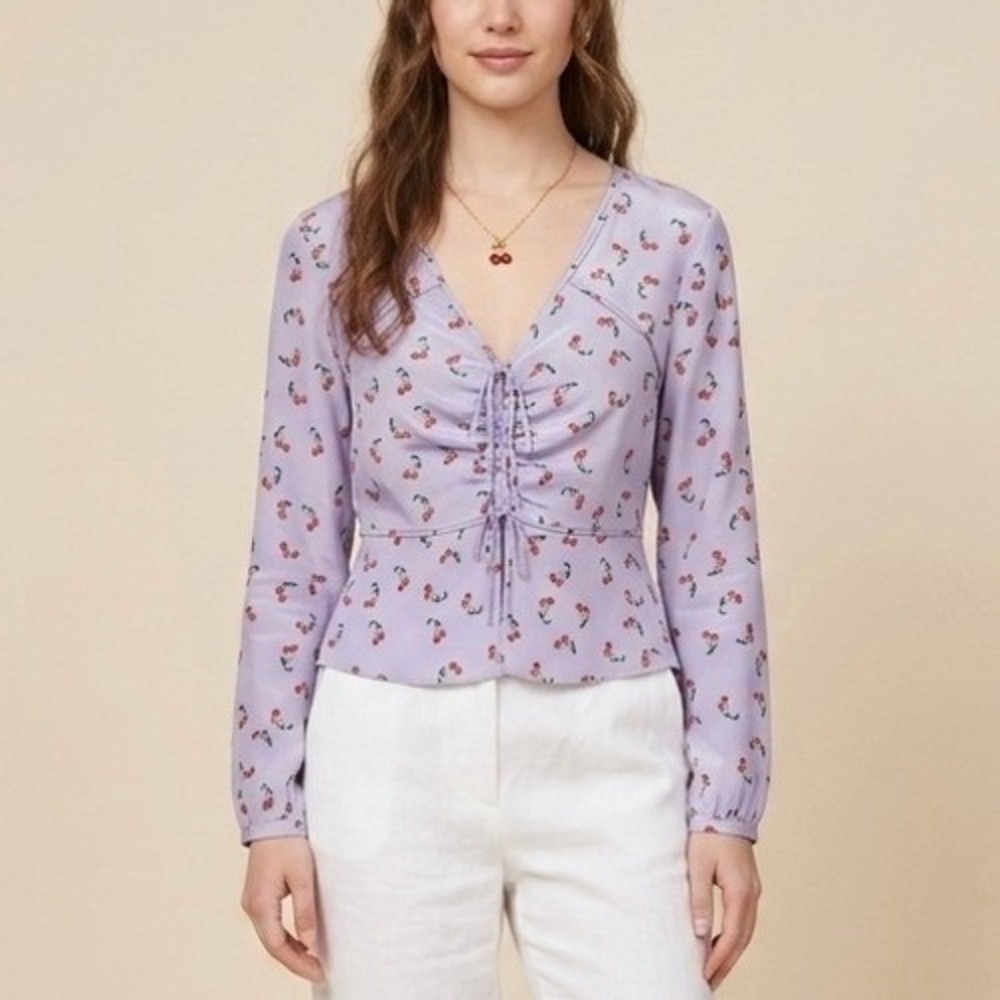 Intermix Kristen Silk Cherry Print Ruched Front V-Neck Blouse Lavender Size 6